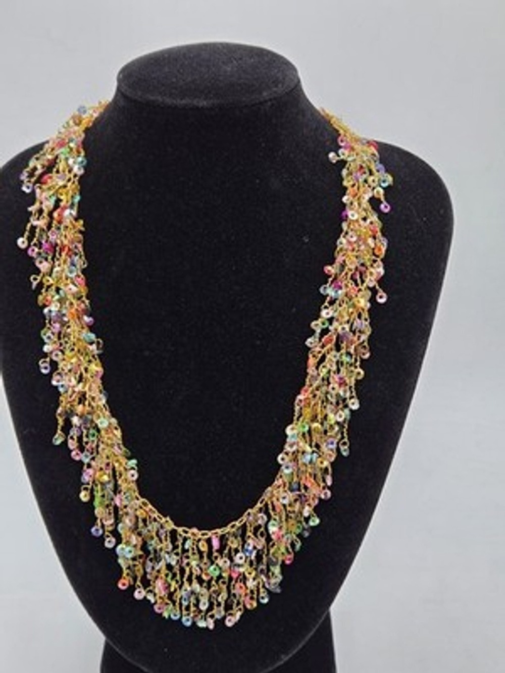 Gold Tone Multicolor Sequence Fringe Necklace Statement Boho Layered Chain...
